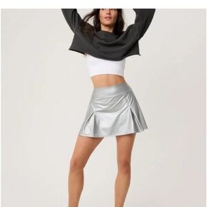 NWT OFFLINE By Aerie Real Luxe Faux Leather Mini Skort- Silver Pleated